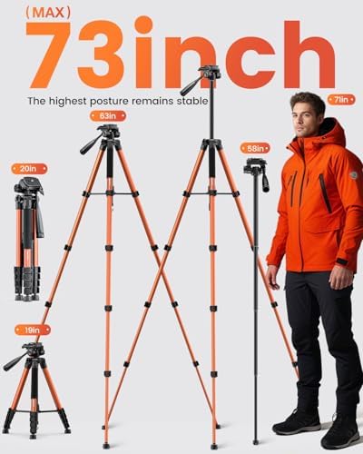 CAMBOFOTO 73" Camera Tripod and Monopod, Aluminum Tripod Stand/Burnt Orange - Image 3