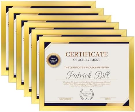 8.5x11 Picture Frame Set of 6, Certificate Document Frame, Diploma Frame, Display Pictures 8.5x11 Without Mat, Gold by BSRHOME