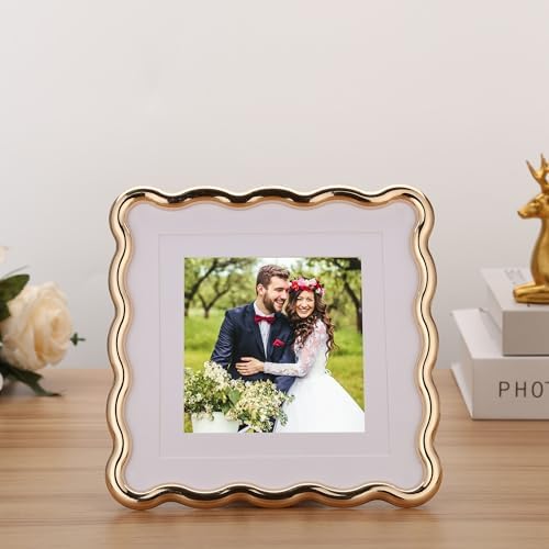 Gold 6x6'' Wave Design Photo Frame with Acid Free Double Mat for 5x5'' & 4x4'',High-End Zinc Alloy Picture Frames with Velvet Backing,Fashionable Style Gold Frames 5x5'' For Tabletop or Wall Display - Image 2