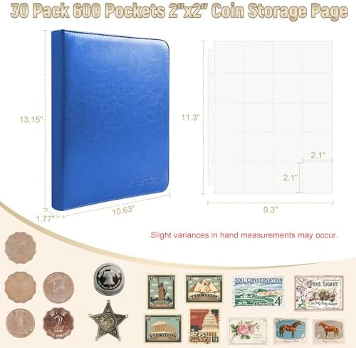 BYSTER Coin Collection Book, 30 Pack 600 Pockets Coin Sleeves, Faux Leather Coin Collection Holder Album, Coin Collection Organizer Storage Box Case (Coin Flips Not Included), Blue - Image 2