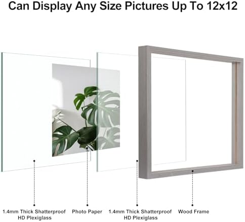 Egofine 12x12 Floating Frames Set of 2, Double Plexiglass Picture Frame, Made of Solid Wood Display Any Size Photos up to 12x12, Wall Mount or Tabletop Standing, Light Grey - Image 3