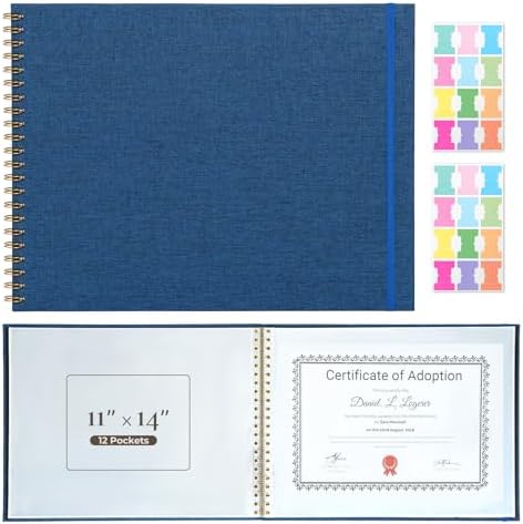 Vienrose Large Scrapbook Album 15.8 x 11.8 Inch, Linen Cover Photo Album with 12 Plastic Sleeves, Spiral Bound DIY Scrapbook for Photos, Kids Artwork, Certificates, Wedding Baby Travel, Dark Blue by Vienrose