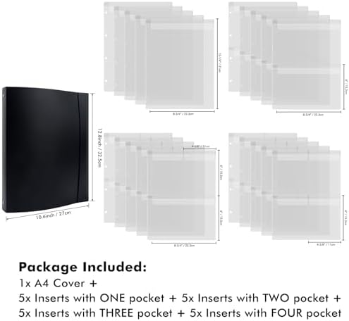 A4 Dies and Stamps Storage Book Binder Folder, Page Protectors Pockets Inserts Organizer for Cutting Dies Stencil Album Stamp Crafts, 1Pcs Black Storage Book Cover & 20 Inserts with 1/2/3/4 Pockets - Image 3