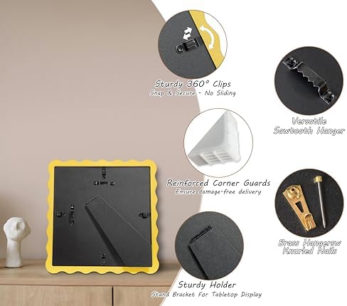 4x4 Yellow Picture Frame with Mat for 3x3, Curved Wavy Edge Deco Wooden Real Glass, Vertical or Horizontal Display Photo Gallery Wall & Tabletop Frame - Image 5