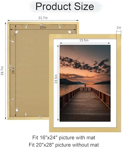 20x28 Poster Frame Set of 2, 20 x 28 Wood Picture Frames with Mat for 16x24, Wooden Photo Frame with Tempered Glass Cover for Wall Mounting Display, Gold - Image 5