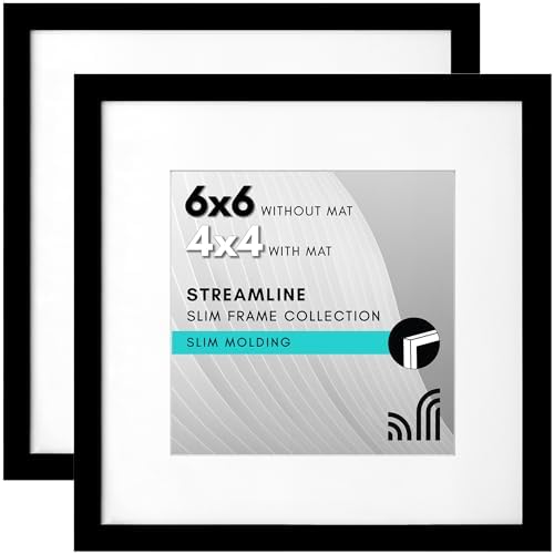 Americanflat 6x6 Picture Frame with Shatter-Resistant Glass - Set of 2 - Use as 4x4 Frame with Mat or Display 6x6 Photo Without Mat - Streamline Collection - Square Frames for Tabletop or Wall - Black by Americanflat