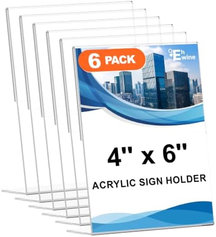 EHWINE Acrylic Sign Holder 4 x 6, 6 Pack Vertical L-Shaped Tabletop Stand by EHWINE