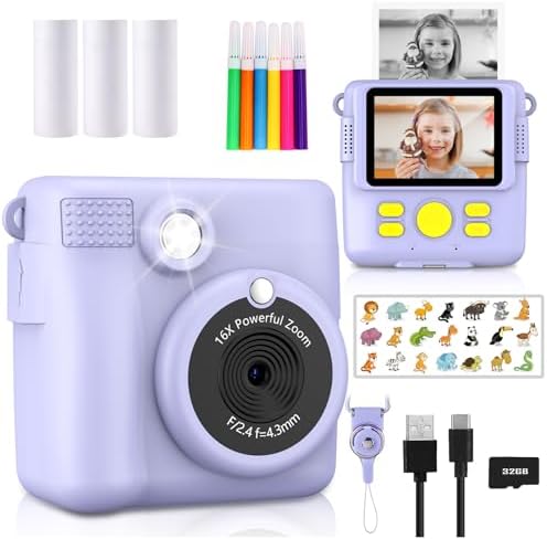 Instant Print Camera for Kids,Christmas Birthday Gifts for Age 3-12 Girls Boys，1080P HD Digital Video Cameras for Toddler,Kids Portable Toy with 3 Rolls Photo Paper，32GB Card-Purple by RADEKLY