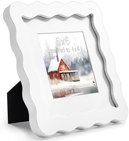 6x6 White Picture Frame with Mat for 4x4, Curved Wavy Edge Deco Wooden Real Glass, Vertical or Horizontal Display Photo Gallery Wall & Tabletop Frame by Gdfmsc