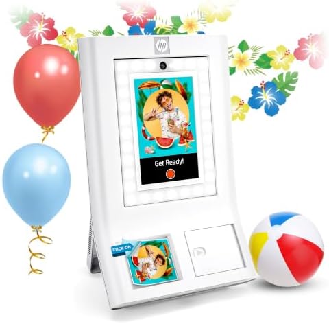 HP Sprocket Photo Booth Machine Instant Color Photo Printer - 10.1" Touchscreen Photobooth, LED Ring Light - Customize w/ 250+ Frames, Prints on 3x4 Zink Paper or Share via QR Code, Mobile App - White by HP