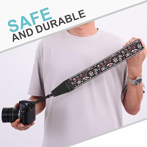Padwa Lifestyle Camera Strap - 2" Full Grain Leather Ends Camera Straps for Photographers, Vintage Embroidered Cotton Weave Soft Strap Quick Release fits All Cameras - Image 5