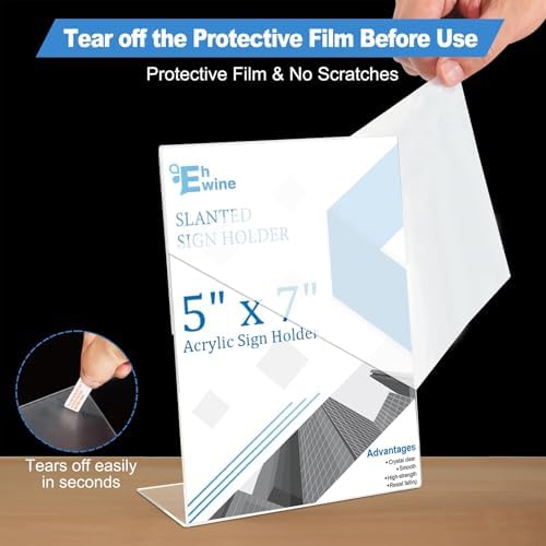 EHWINE 12 Pack 5 x 7 Acrylic Sign Holder, Clear Plastic Signs Display Stand, Vertical Slanted Back Paper Holder Stand up Table Top Sign Holders Flyer Stand Frames Suitable for Office Business Store - Image 2