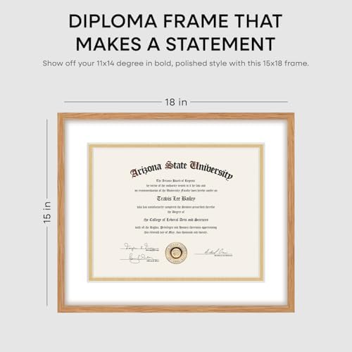 Homeforia 15x18 Natural Oak Diploma Frame, High-End Wood, 11x14 Mat, Glass - Image 2