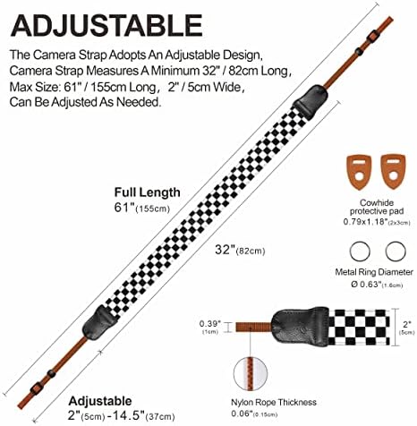 Padwa Lifestyle Black and White Plaid Camera Strap - 2" Wide Double Layer Cowhide Head,Cotton Camera Shoulder Straps,Grid Pattern Adjustable Camera Neck Strap for all Cameras,Gift for Photographers - Image 5