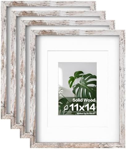 Egofine 11x14 Picture Frame Rustic White 4 Pack - Photo Frame Made of Solid Wood Covered by Plexiglass for Table Top Display Pictures 5x7/8x10 with Mat or 11x14 Without Mat - with Wall Mounting by Egofine