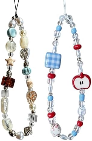 2 Pcs Phone Charm Strap Hand Wrist Strap Camera Lanyard Pearl Beaded Cute Chain String Accessories Universal for iPhone 17 Pro Max 16 15 for Samsung Women Girls Keychain Bags Red Apple and Beach Beads by Casecond