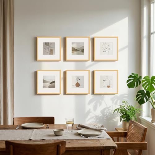 12x12 Picture Frame Set of 6, Display Pictures 8x8 with Mat or 12x12 Without Mat, Tabletop Display and Wall Hanging Photo Frame, Gallery Wall Frame Set, Light Oak - Image 4