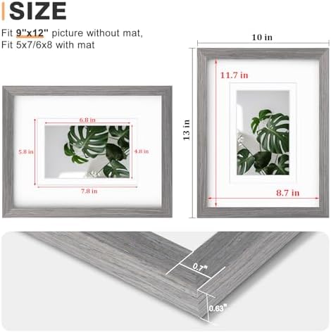 Egofine 9x12 Picture Frames Set of 4, Made of Solid Wood Covered by Plexiglass 5x7 and 6x8 with Mat or 9x12 without Mat, for Table Top Display and Wall Mounting Photo Frame Light Grey - Image 3