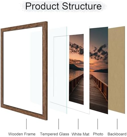 20x28 Poster Frame Set of 2, 20 x 28 Wood Picture Frames with Mat for 16x24, Wooden Photo Frame with Tempered Glass Cover for Wall Mounting Display, Rustic Brown - Image 3