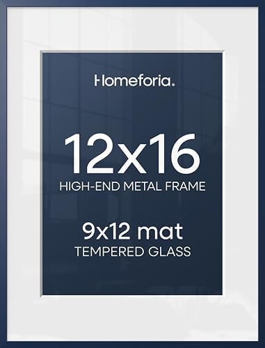 Homeforia 12x16 Blue Picture Frame, High-End Metal, 9x12 Mat, Glass by Homeforia