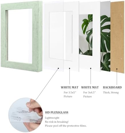 Egofine 4x6 Picture Frames Set of 4, Made of Solid Wood Covered by Plexiglass 3x4.5 and 3.5x5 with Mat or 4x6 without Mat, for Table Top Display and Wall Mounting Photo Frame, Rustic Green - Image 4