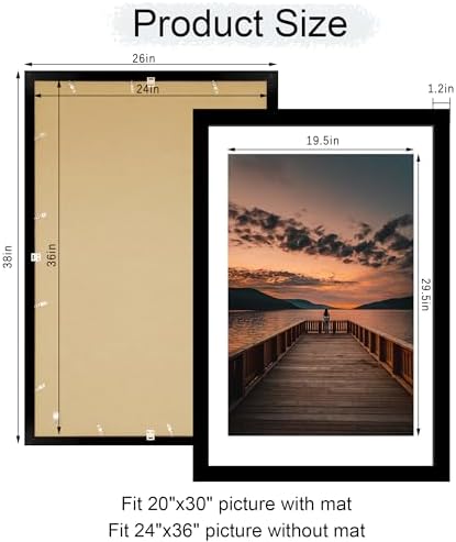 24x36 Poster Frame Set of 2, 24 x 36 Wood Picture Frames with Mat for 20x30, Wooden Photo Frame with Tempered Glass Cover for Wall Mounting Display, Black - Image 5