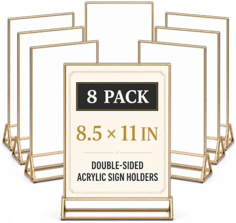 8 Pack Acrylic Sign Holder 8.5x11 Gold Frames, Wedding Table Number Holders Double Sided Vertical Clear Display Stand, Picture Holders for Tables, Menus, Flyers, Party and Office Decor by DECOHOBO