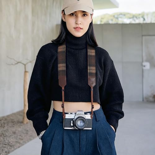 Padwa Lifestyle Camera Strap - 2" Full Grain Leather Ends Camera Straps for Photographers, Unique Vintage Cashmere and Soft Suede Fabric Padded Strap Quick Release fits All Cameras(Dark Coffee Check) - Image 3