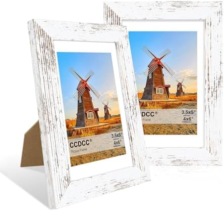4x6 Picture Frame Set of 2, 4 x 6 Wood Photo Frames with Mat for 3.5x5, Rustic Natural Wooden Frame with Real Glass Cover for Wall and Tabletop Display,Distressed White by CCDCC