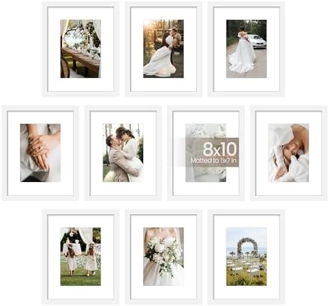 upsimples 8x10 Picture Frame Set of 10, Display Pictures 5x7 with Mat or 8x10 Without, Multi Photo Frames Collage for Wall or Tabletop Display, White by upsimples