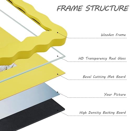 5x7 Yellow Picture Frame with Mat for 4x6, Curved Wavy Edge Deco Wooden Real Glass, Vertical or Horizontal Display Photo Gallery Wall & Tabletop Frame - Image 6
