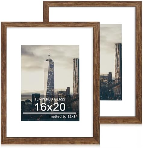16x20 Poster Frame Set of 2, 16 x 20 Wood Picture Frames with Mat for 11x14, Wooden Photo Frame with Tempered Glass Cover for Wall Mounting Display, Rustic Brown by CCDCC