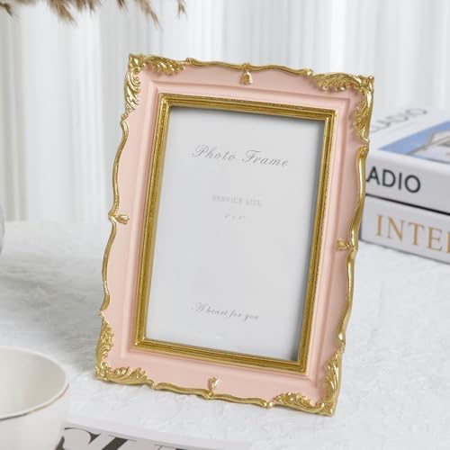 Cuspin 4x6 Cute Picture Frame Pink and Gold Vintage Ornate Resin Frame - Image 2