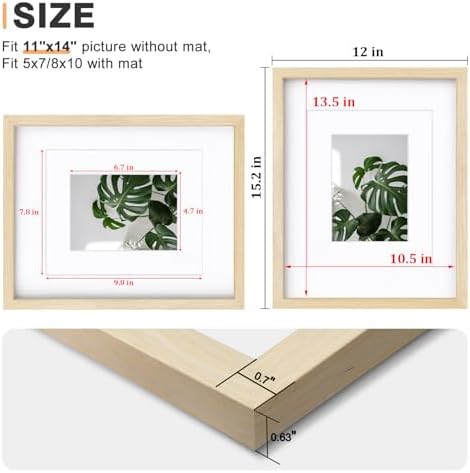 Egofine 11x14 Picture Frames Set of 4, Made of Solid Wood Covered by Plexiglass 5x7 and 8x10 with Mat or 11x14 without Mat, for Table Top Display and Wall Mounting Photo Frame Oak Wood - Image 3