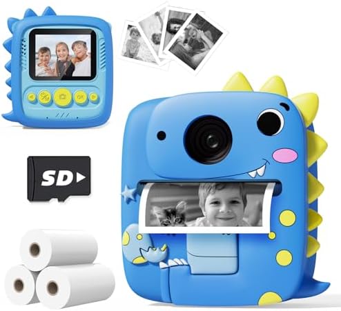 Kids Camera Instant Print with Dinosaur Silicone Case – 1080P Digital Toddler Camera, 3 Rolls Print Paper, Birthday for Boys Girls Age 3-8 (Blue) by Prysyedawn