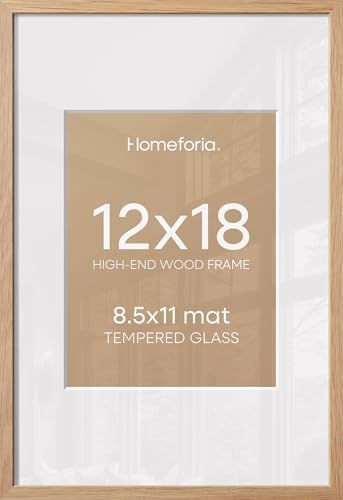 Homeforia 12x18 Natural Oak Picture Frame, High-End Wood, 8.5x11 Mat, Glass by Homeforia