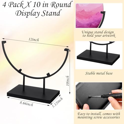 Blulu 4 Pcs 12 Inch Round Metal Display Stands for Stained Glass Art Fused Display Stands Decorative Fused Glass Art Base for Plate Picture Platter Photo(Black) - Image 2