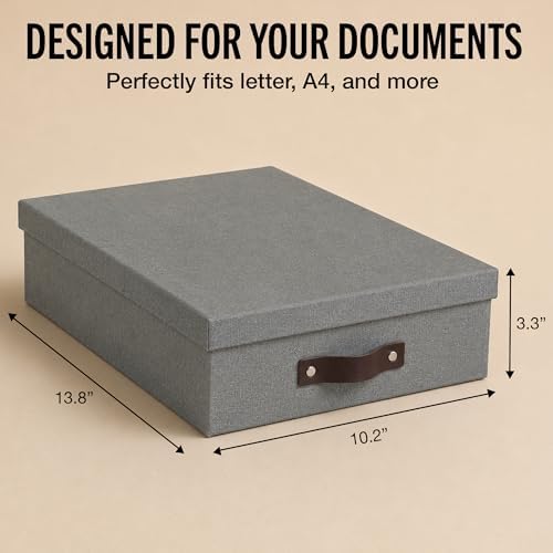 Bigso Box of Sweden Oskar Canvas Fiberboard Document Letter Box - File Organizer Box for Important Paperwork - Document Storage with a Lid & Handle - 3.3 in x 10.2 in x 13.8 in - 3 Pack - Grey - Image 4