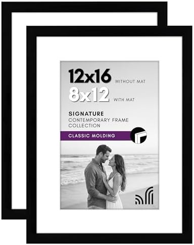 Americanflat 12x16 Picture Frame with Shatter-Resistant Glass - Set of 2 - Use as 8x12 Frame with Mat or Display 12x16 Photo Without Mat - Signature Collection - Picture Frames for Wall - Black | Engineered Wood construction, Shatter-resistant glass, h... by Americanflat