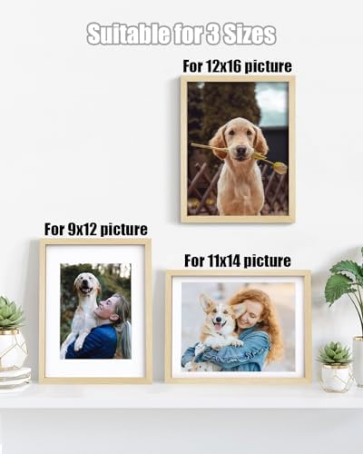 Egofine 12x16 Picture Frames Set of 4, Made of Solid Wood Covered by Plexiglass 9x12 and 11x14 with Mat or 12x16 without Mat, for Wall Mounting Photo Frame Oak Wood - Image 5