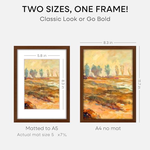 Homeforia A4 Brown Oak Picture Frame, High-End Wood, A5 Mat, Glass - Image 2