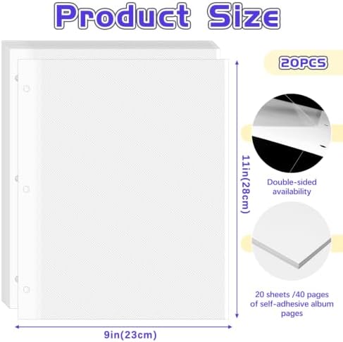 VOKOY 20 Sheets/40 Pages Photo Album Pages for 3 Ring Binder, Self Adhesive Scrapbooking Album Refill Pages Replacement Photo Album Sheets for 2x3 4x6 5x7 8x10 Photo or Cards, 11 x 9 Inch - Image 2