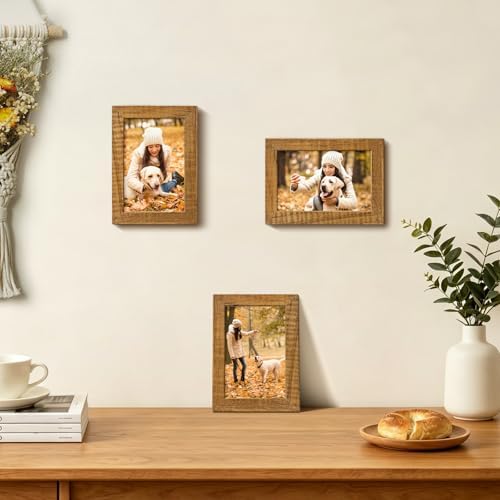 Egofine 4x6 Picture Frames Made of Solid Wood with Plexiglass Set of 4, Display Pictures 3x4.5 and 3.5x5 with Mat or 4x6 Without Mat for Tabletop and Wall Mounting, Teak Wood - Image 2