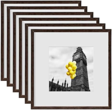 12x12 Picture Frame Set of 6, Display Pictures 8x8 with Mat or 12x12 Without Mat, Tabletop Display and Wall Hanging Photo Frame, Gallery Wall Frame Set, Brown by BSRHOME
