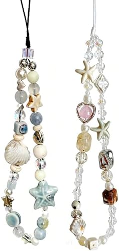 2 Pcs Phone Charm Strap Universal Hand Phone Wrist Strap Camera Lanyard Pearl Beaded Cute Chain String Accessories Universal for iPhone 16 Pro Max Samsung Women Girls Phones Bag Keychain Beach Style by Casecond