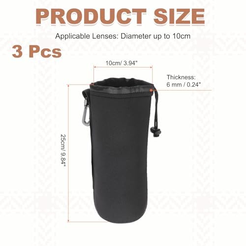 PATIKIL 3 Pcs Camera Lens Pouch, 4" ID x 10" H Drawstring Lens Pouch Protective Camera Lens Case Bag Soft Plush Neoprene Bag for DSLR Photography Gear, Black - Image 2