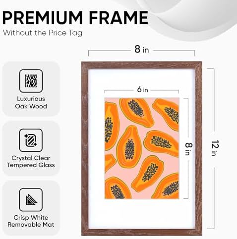 Homeforia 12x8 Picture Frame Brown, High End Dark Oak 12x8 Walnut Wooden Frames with Mat 6x8 Photo, 12 x 8 Wood Frame Matted to 6 by 8 Print, Wall or Tabletop Frame, Tempered Glass, Wall Kit, Set of 1 - Image 3