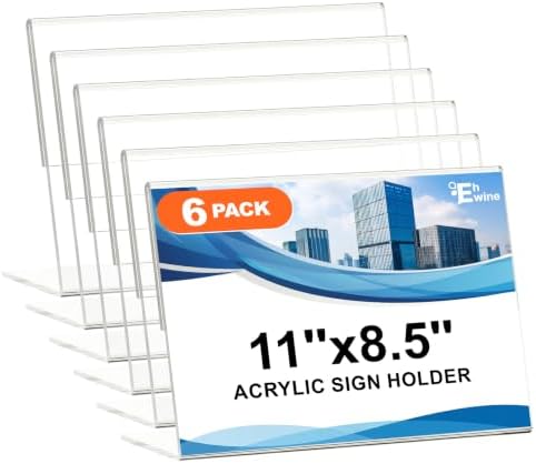 EHWINE 6 Pack 8.5 x 11 Acrylic Sign Holder Horizontal, Clear Plastic Signs Display Stand, Slanted Back Paper Holder Stand up Table Top Sign Holders Flyer Stand Frames for Office Business Store by EHWINE