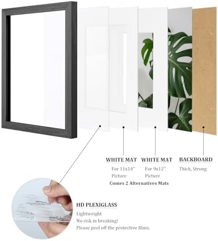 Egofine 12x16 Picture Frames Set of 4, Made of Solid Wood Covered by Plexiglass 9x12 and 11x14 with Mat or 12x16 without Mat, for Wall Mounting Photo Frame Rustic Black - Image 4