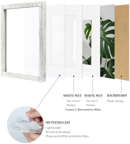 Egofine 12x16 Picture Frames Set of 4, Made of Solid Wood Covered by Plexiglass 9x12 and 11x14 with Mat or 12x16 without Mat, for Wall Mounting Photo Frame Driftwood White - Image 4